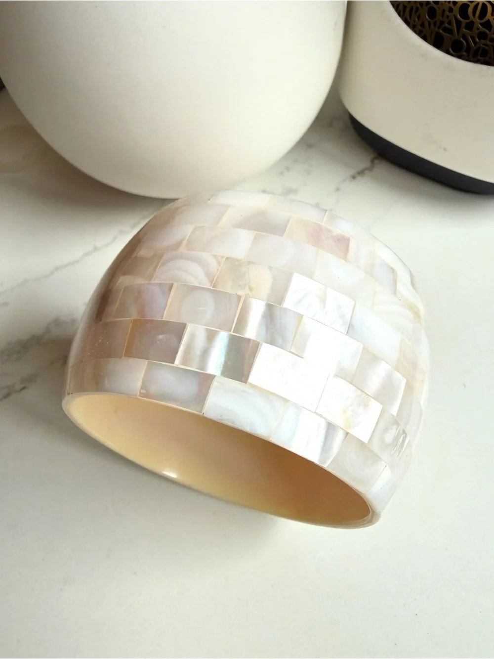 Vintage Chunky White Mother of Pearl Mosaic Wide Bangle Bracelet